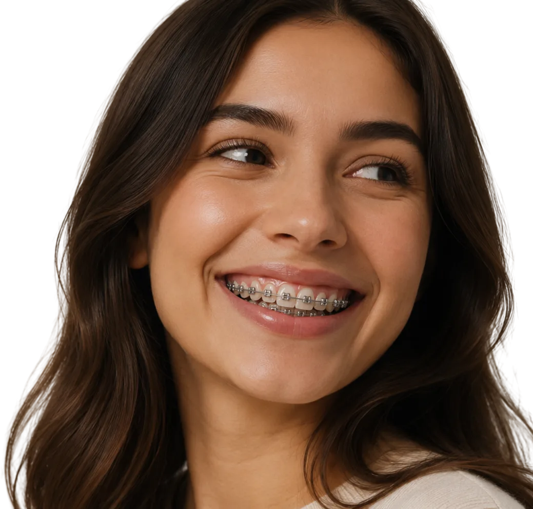 Smiling patient wearing metal braces